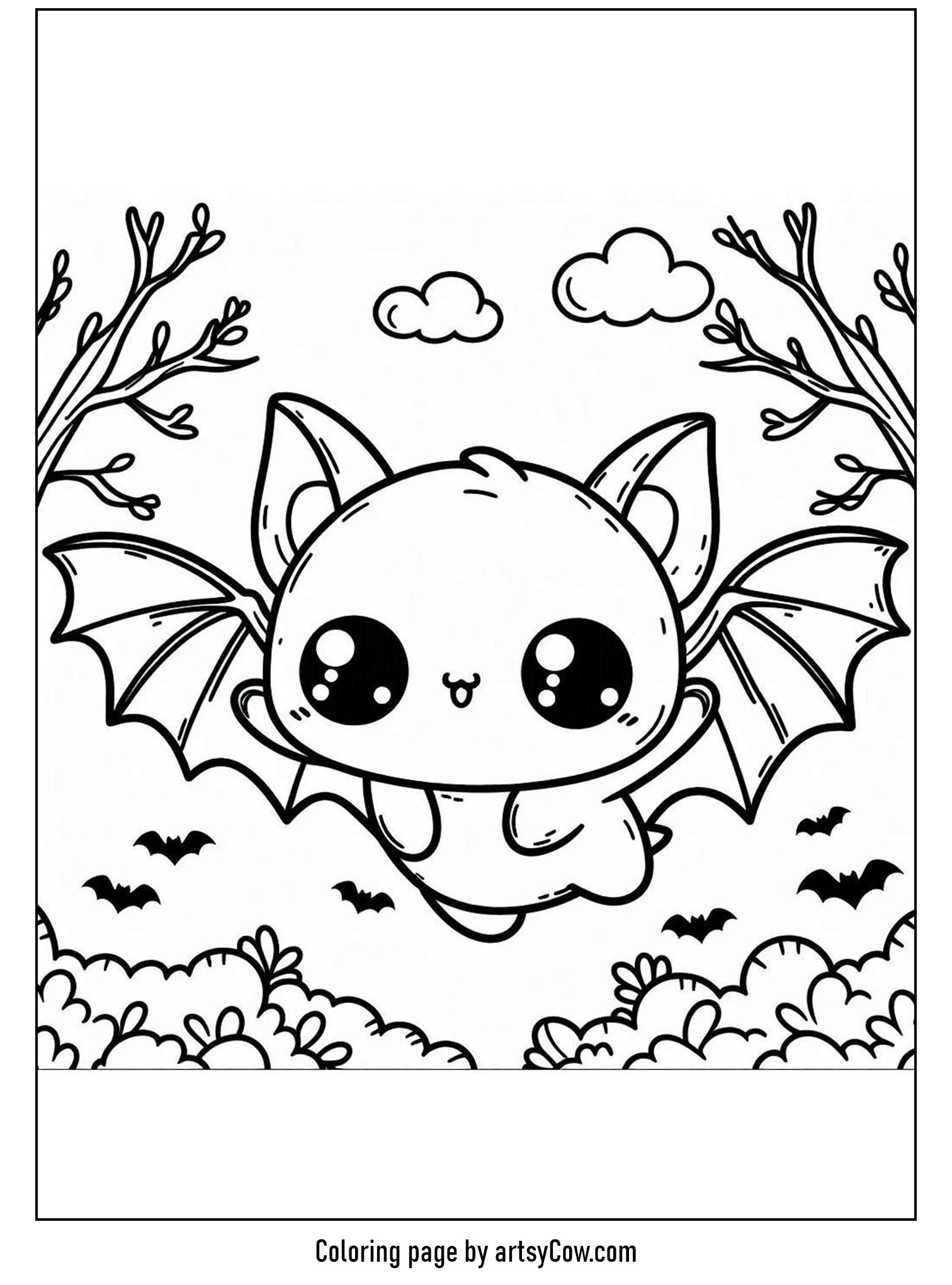 halloween coloring pages with bats, featuring a cute bat floating above a serene forest, outlined for coloring.
